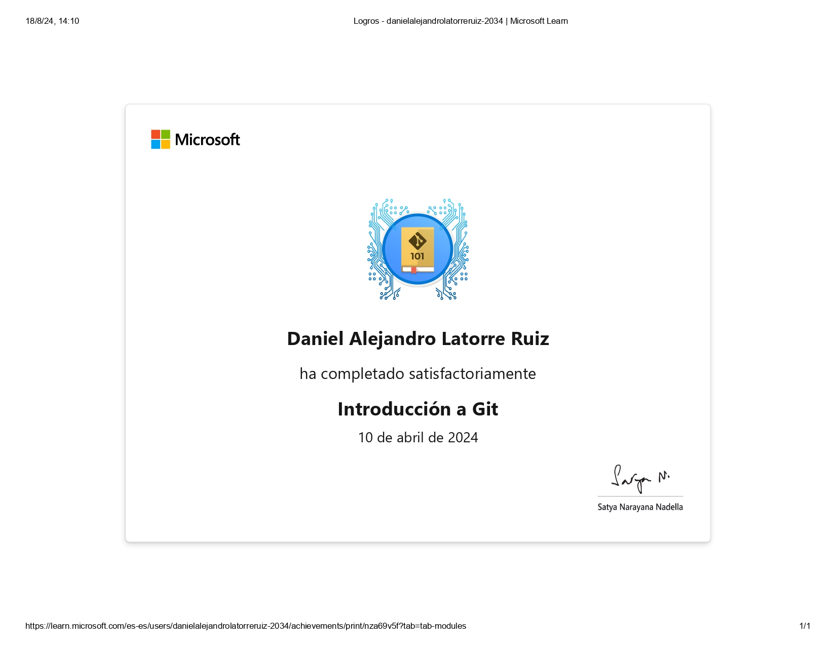 Certificado de Microsoft Learn: Introducción a Git